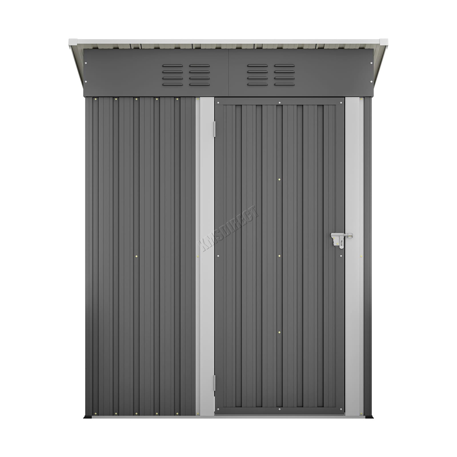 Grey metal storage shed with a door on a white background