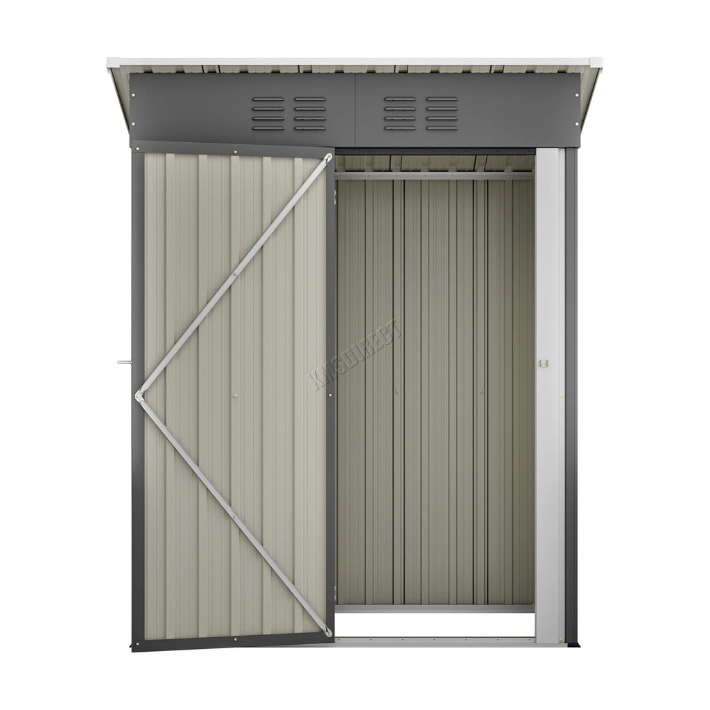 Metal grey garden shed with pent roof and an open door on a white background.