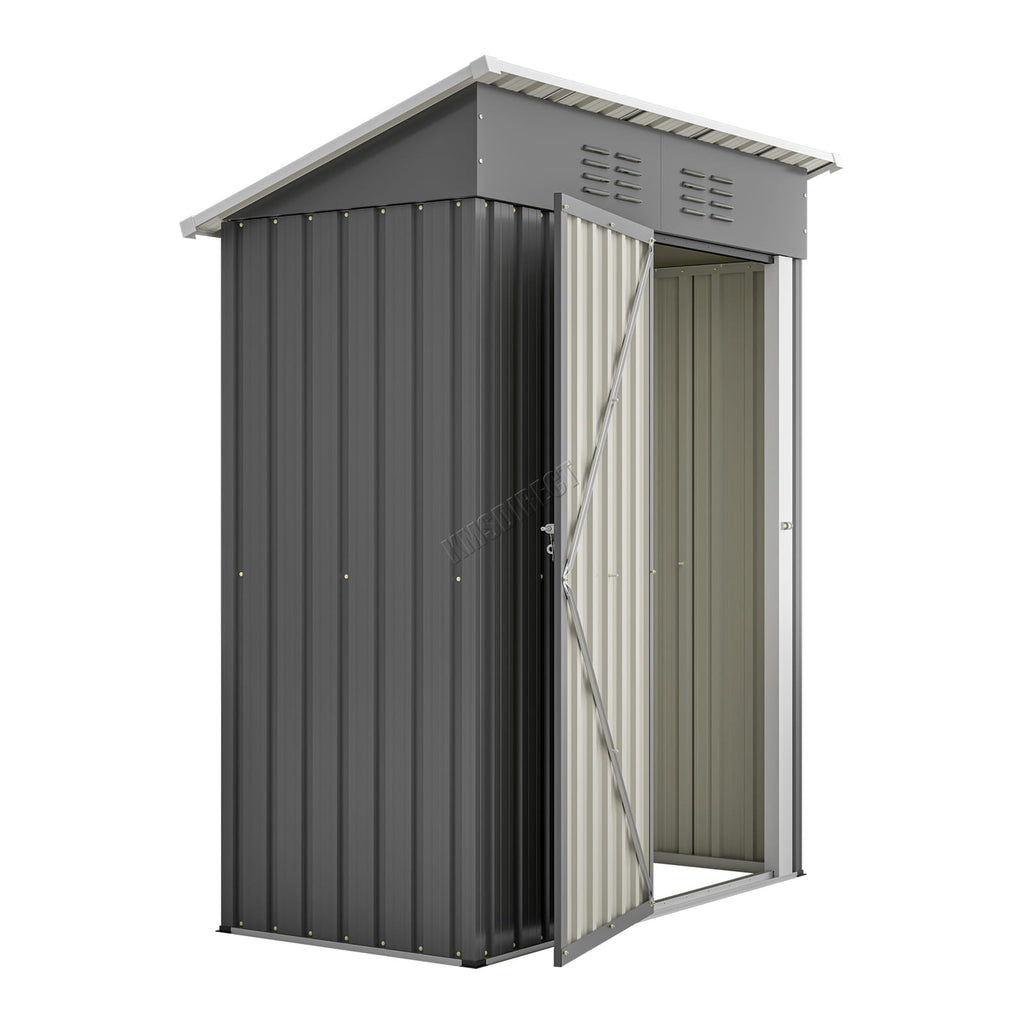 Metal garden shed with a gray pent roof and open door on a white background