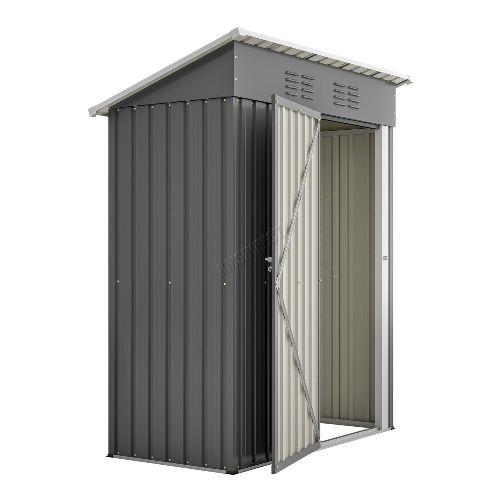 Metal garden shed with a gray pent roof and open door on a white background