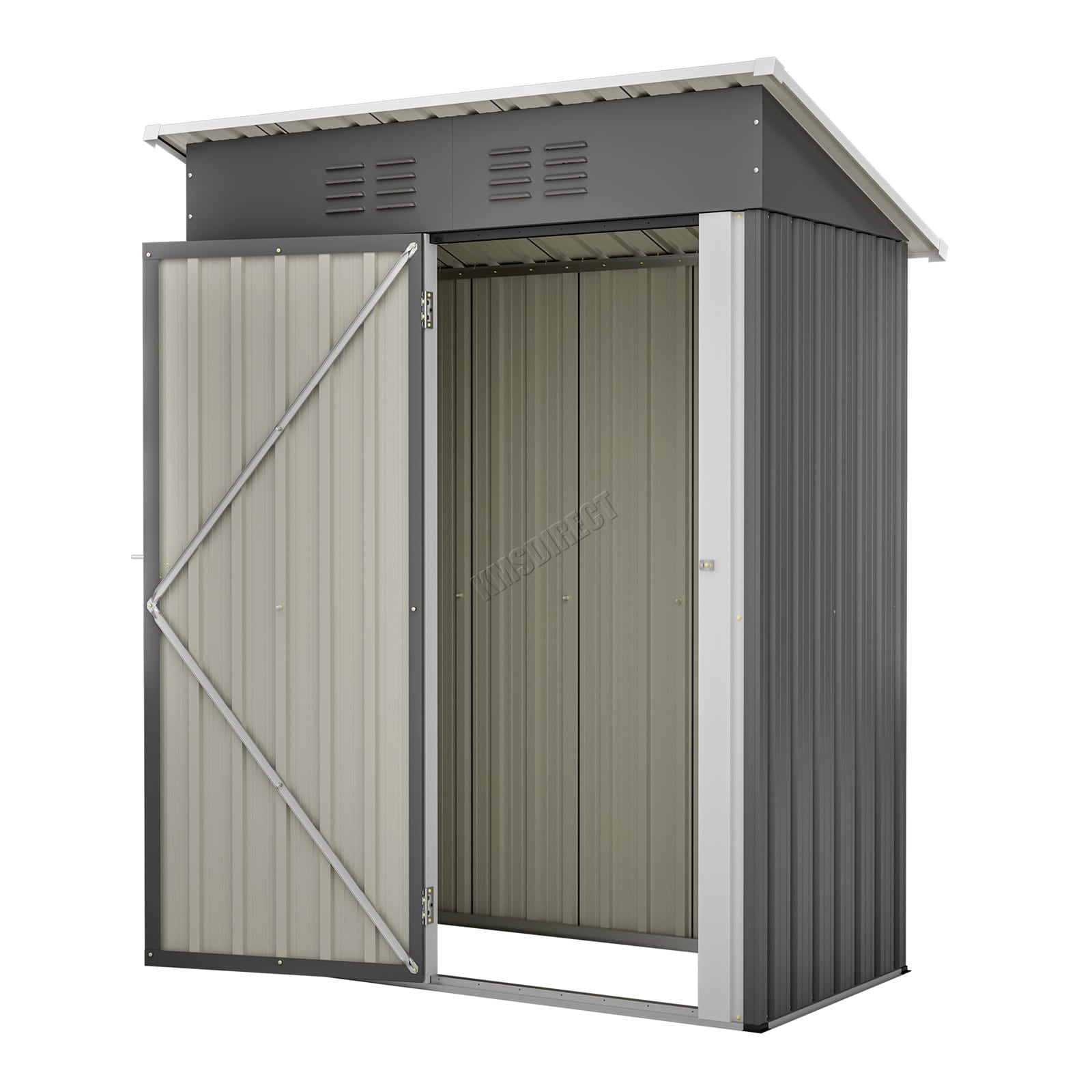 Grey metal garden shed with a pent roof on a white background