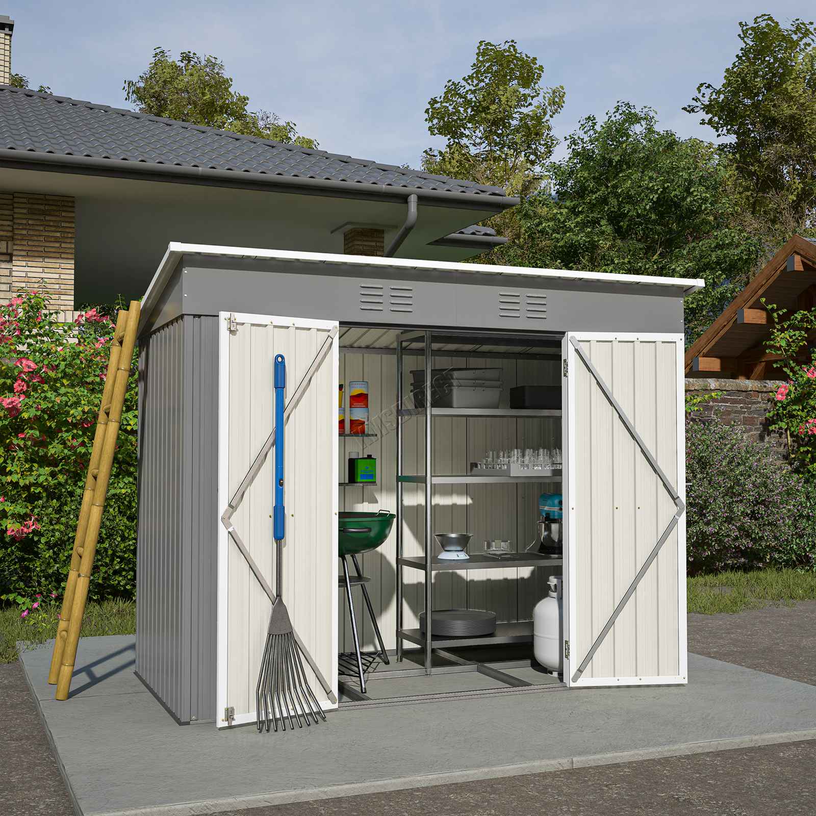 Grey garden shed with pent roof with open doors on a garden background