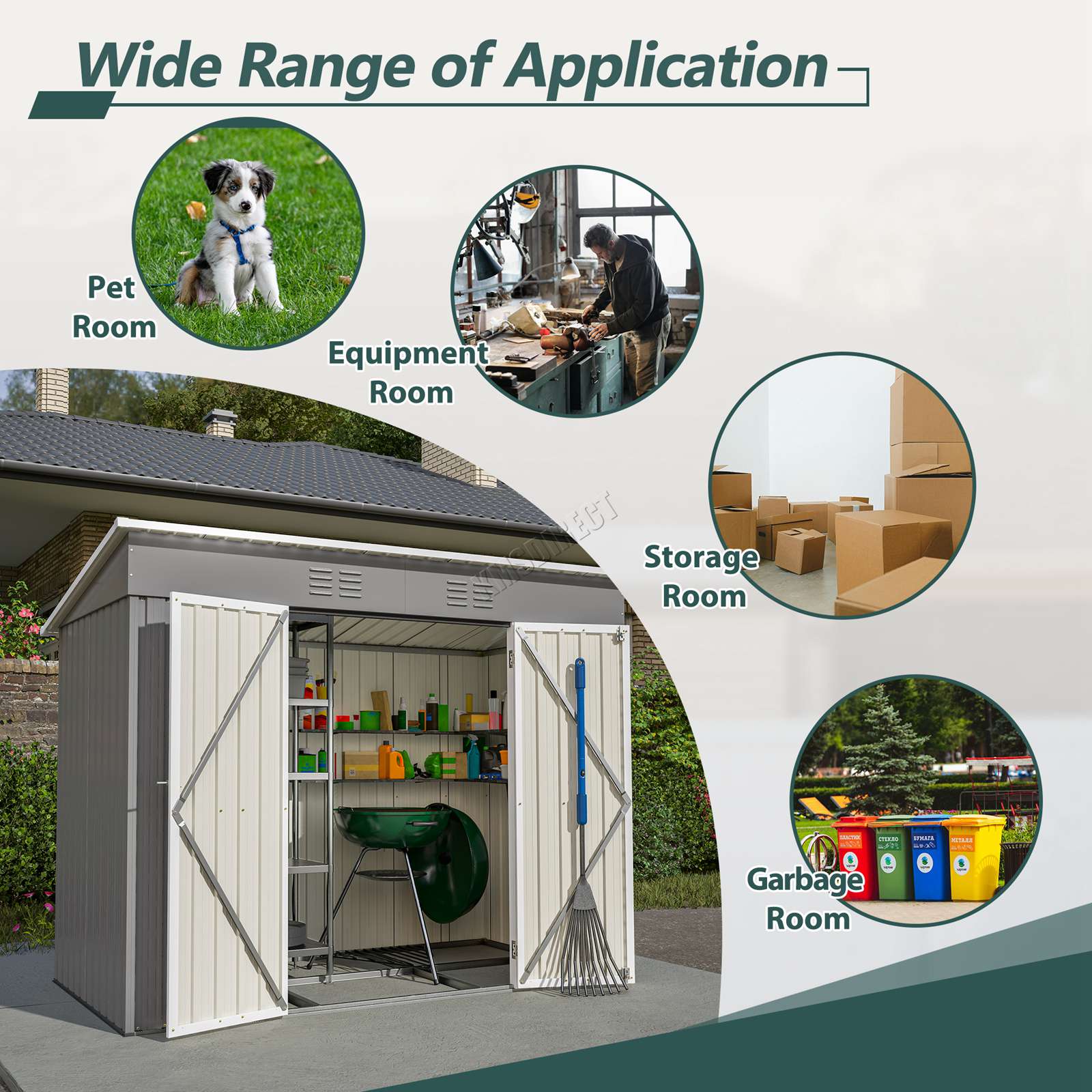 Template of grey pent roof shed showing different uses including: pet room, equipment room,storage room and garbage room