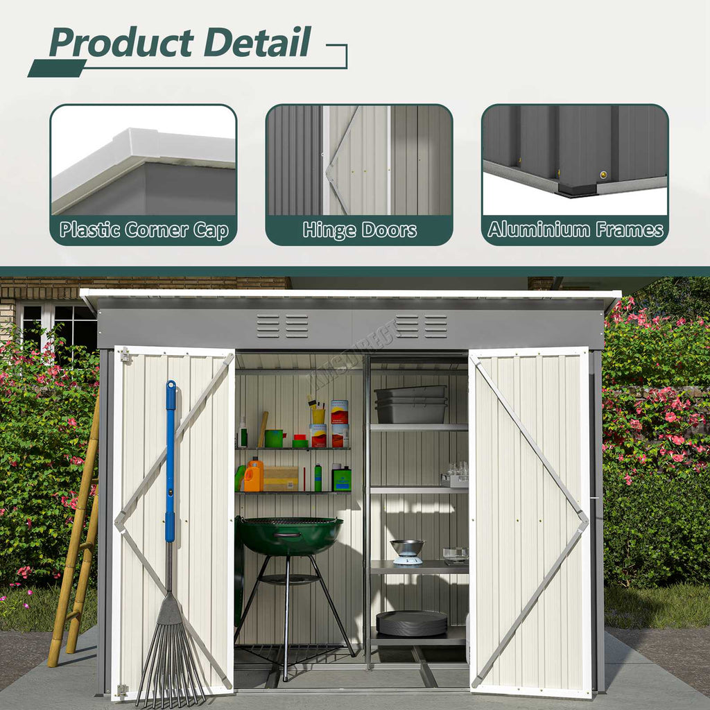 template of garden shed pent roof showing product details. Including: plastic corner cap, Hinge Doors, Aluminium frames
