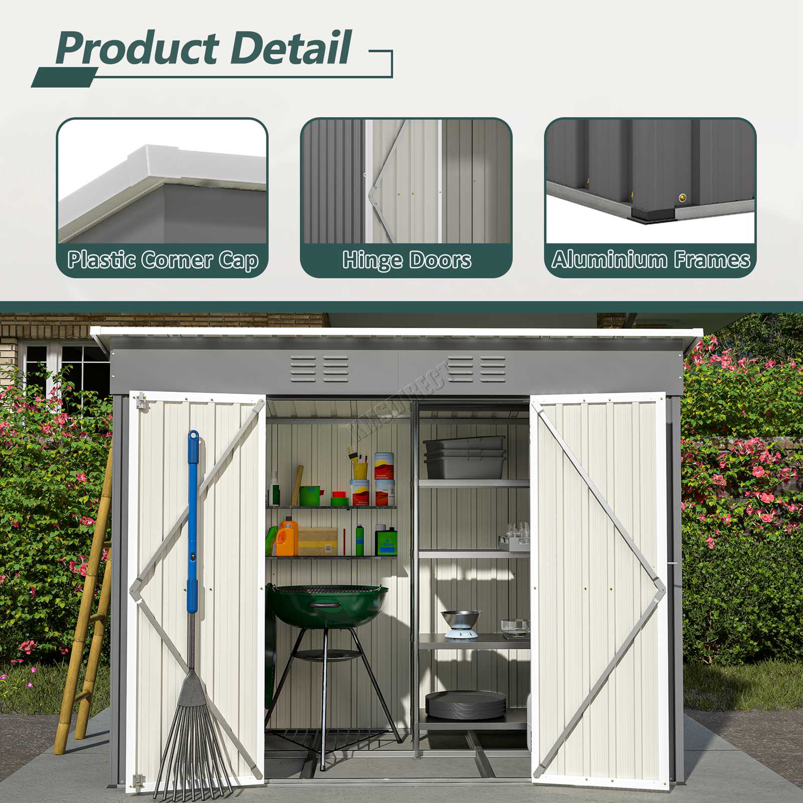 template of garden shed pent roof showing product details. Including: plastic corner cap, Hinge Doors, Aluminium frames