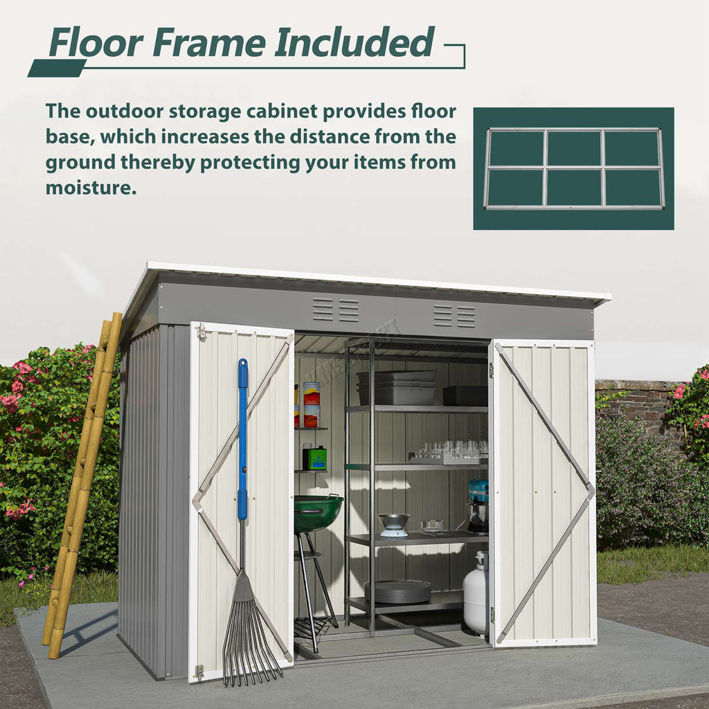 Pent roof garden shed with emphasis on the floor frame being included. 