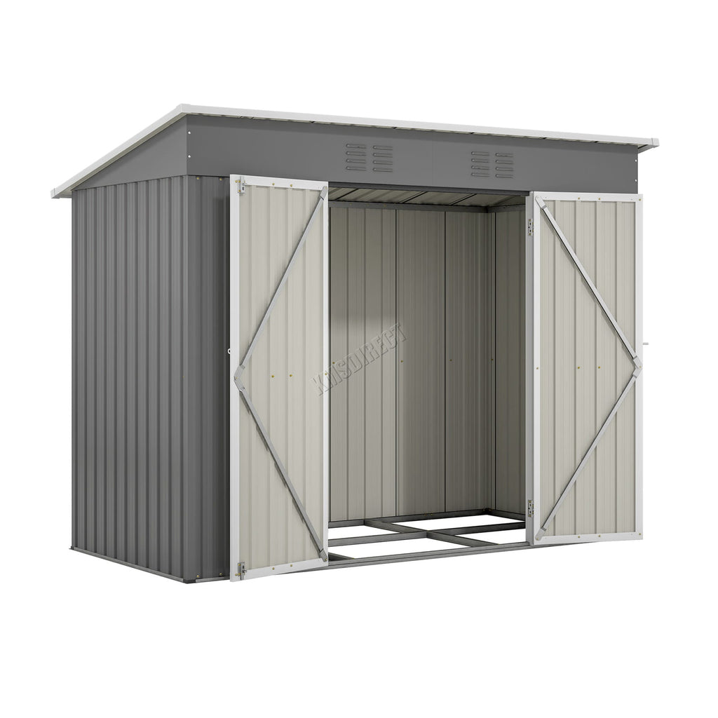 Grey garden shed with pent roof, open doors on white background