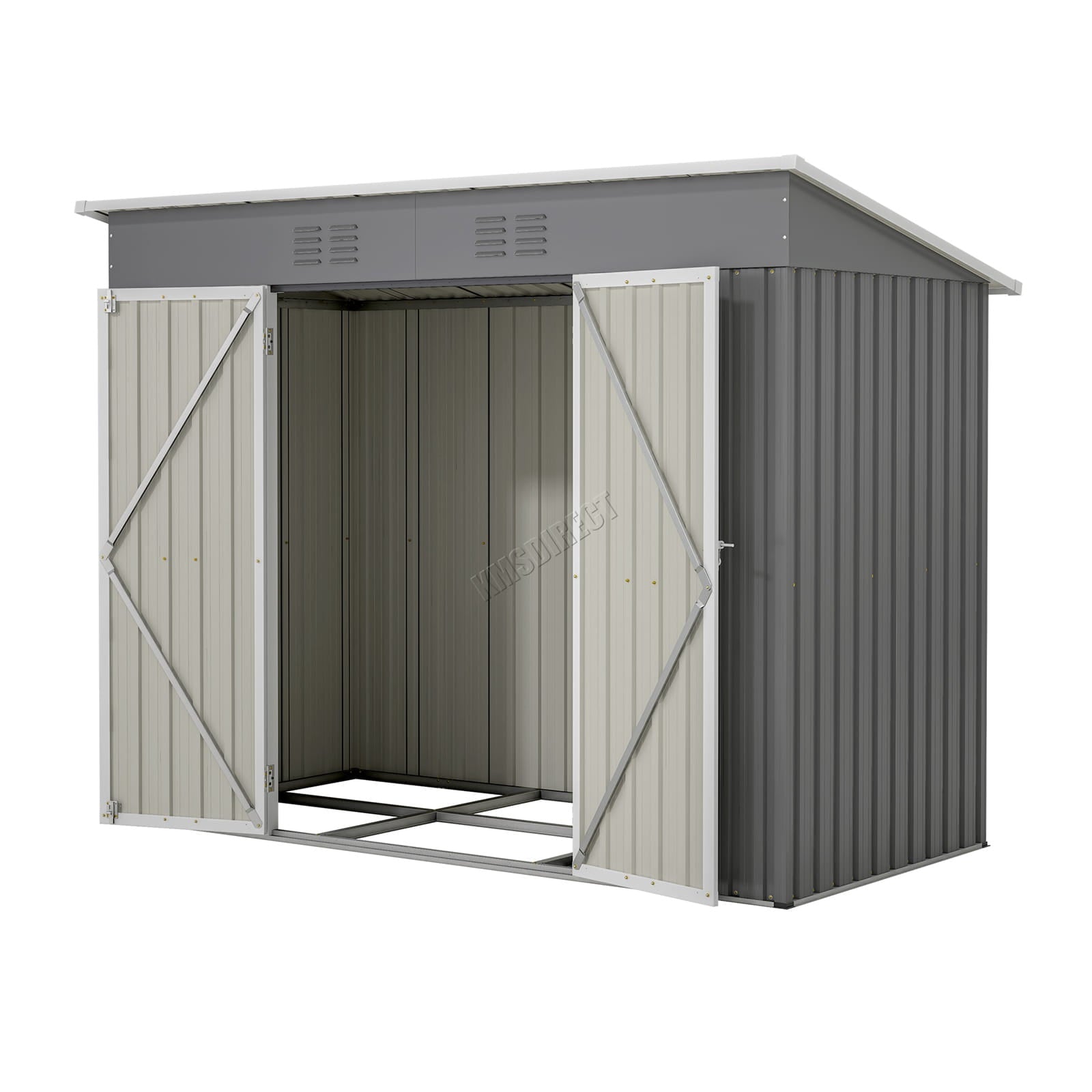 Grey garden shed with open doors, sloped roof on white background