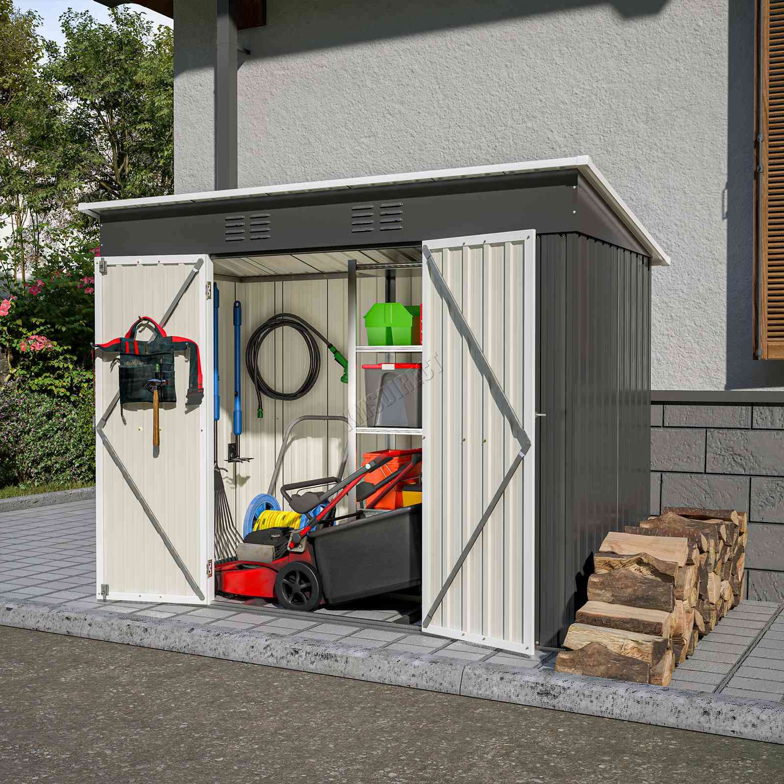 Anthracite garden shed with pent roof, in front of a house. Doors open showing a range of garden equipment.