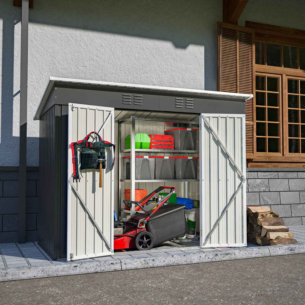 Anthracite garden shed with pent roof, with open doors showing range of garden equipment inside.