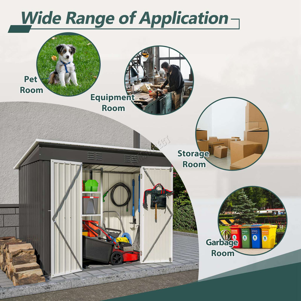 Anthracite garden shed with pent roof showing different uses including: pet room, equipment room, storage room, garbage room.
