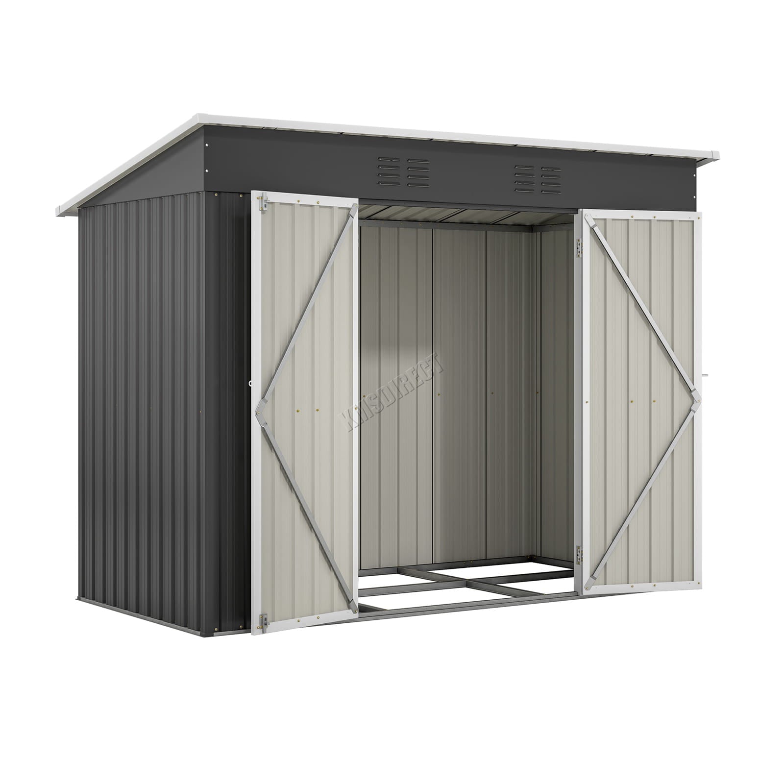 Garden shed with pent roof with open doors on a white background.