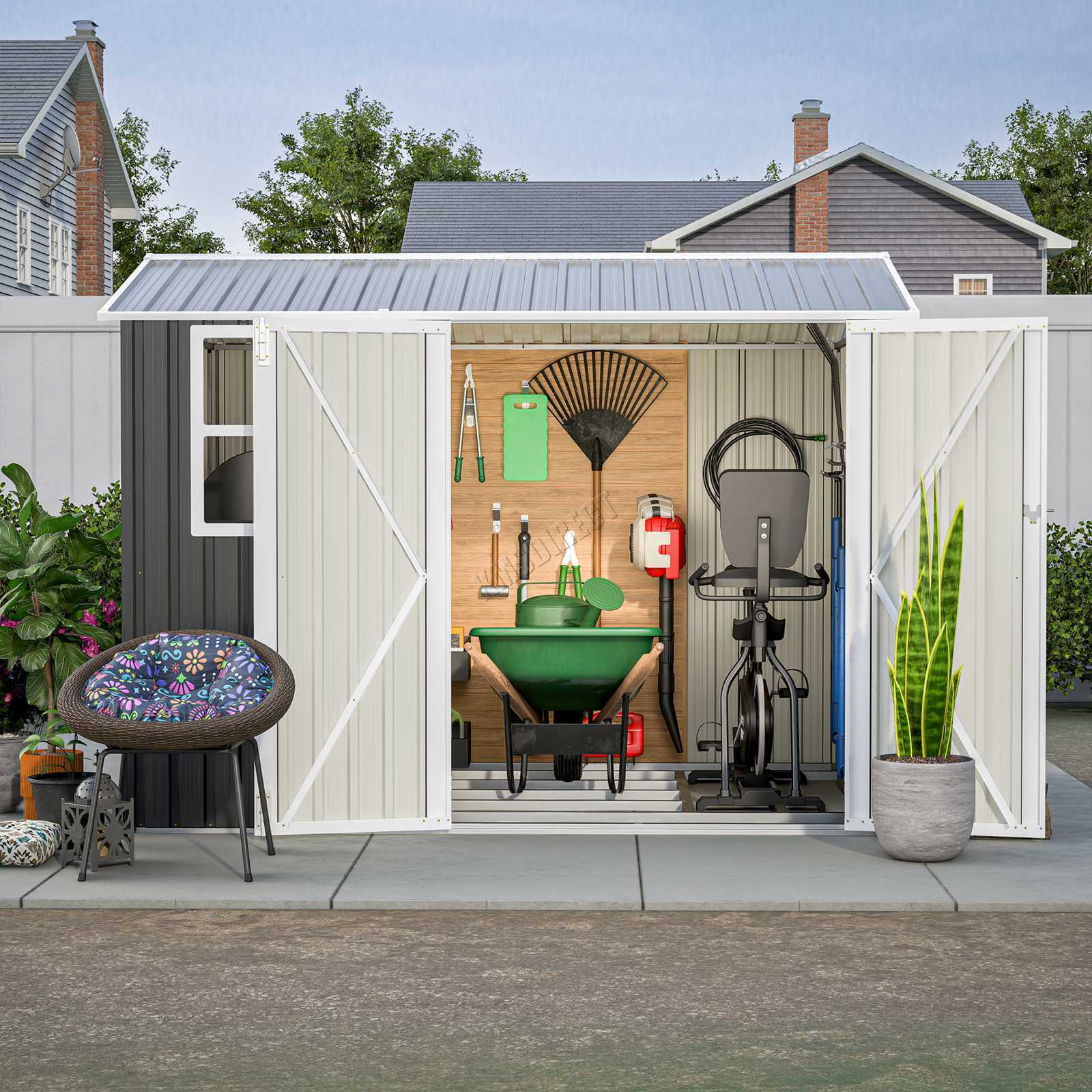Anthracite garden storage shed with an apex roof, containing gardening tools and equipment.