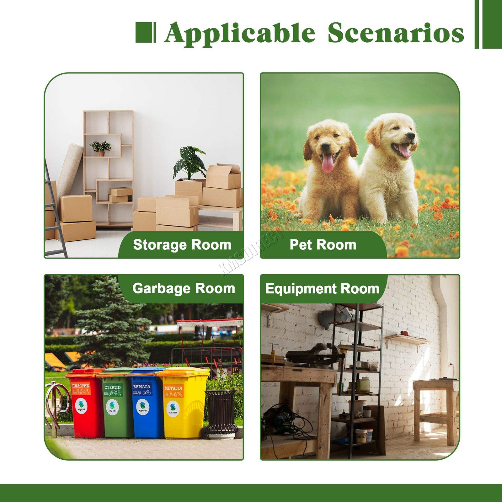 Scenarios for using the metal garden shed with a window, including a storage room, pet room, garbage room, and equipment room.