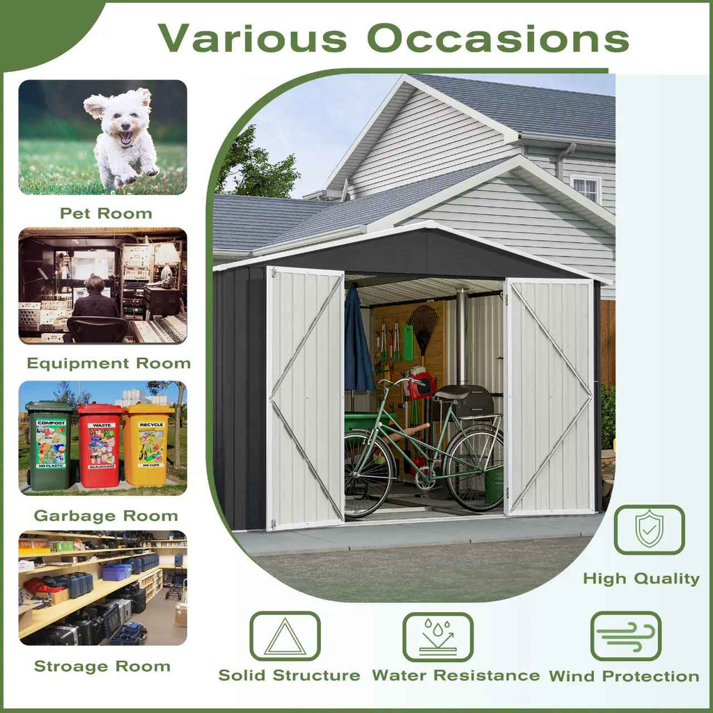 metal garden shed with various uses including pet room, equipment room, and garbage room.