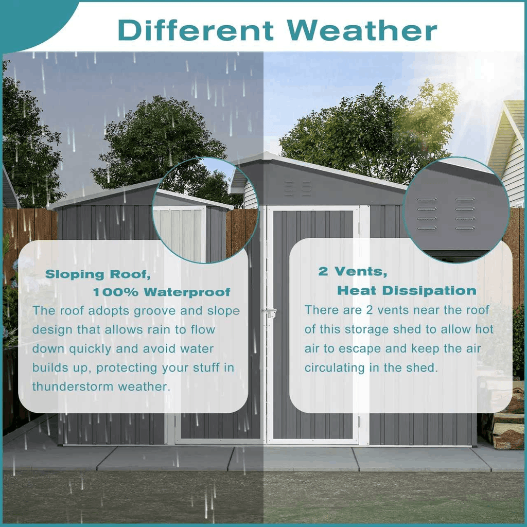 Garden shed with apex roof and different weather scenarios with matching descriptions.