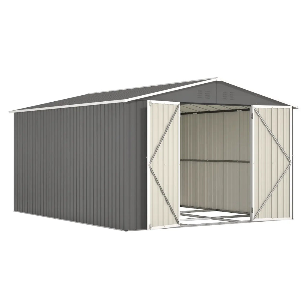 Metal garden shed with a grey apex roof on a white background