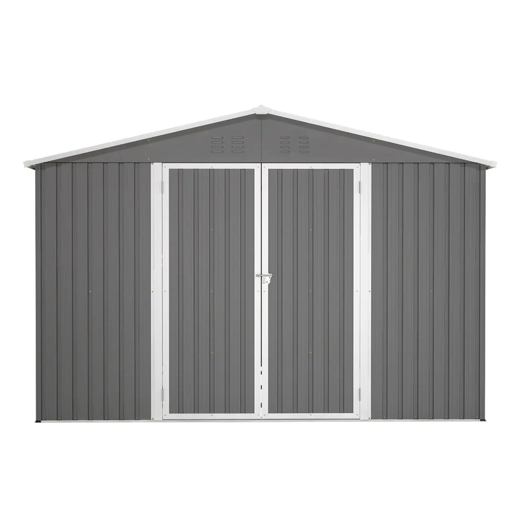 Grey metal garden shed with an apex roof on a white background