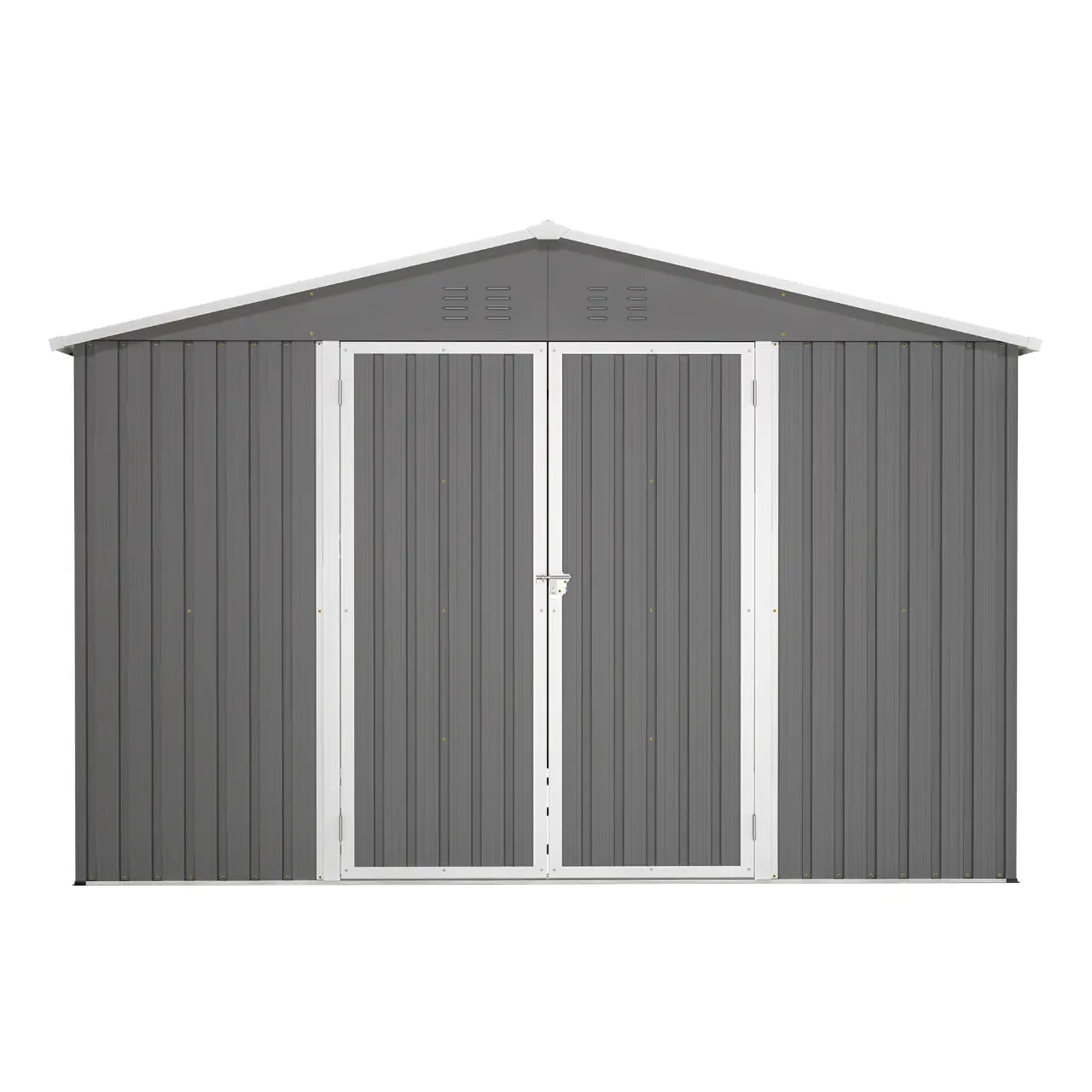 Grey metal garden shed with an apex roof on a white background