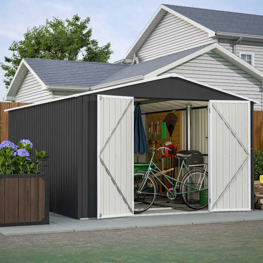Garden shed with an apex roof and an open doors showing a bicycle and garden tools, with a house in the background.