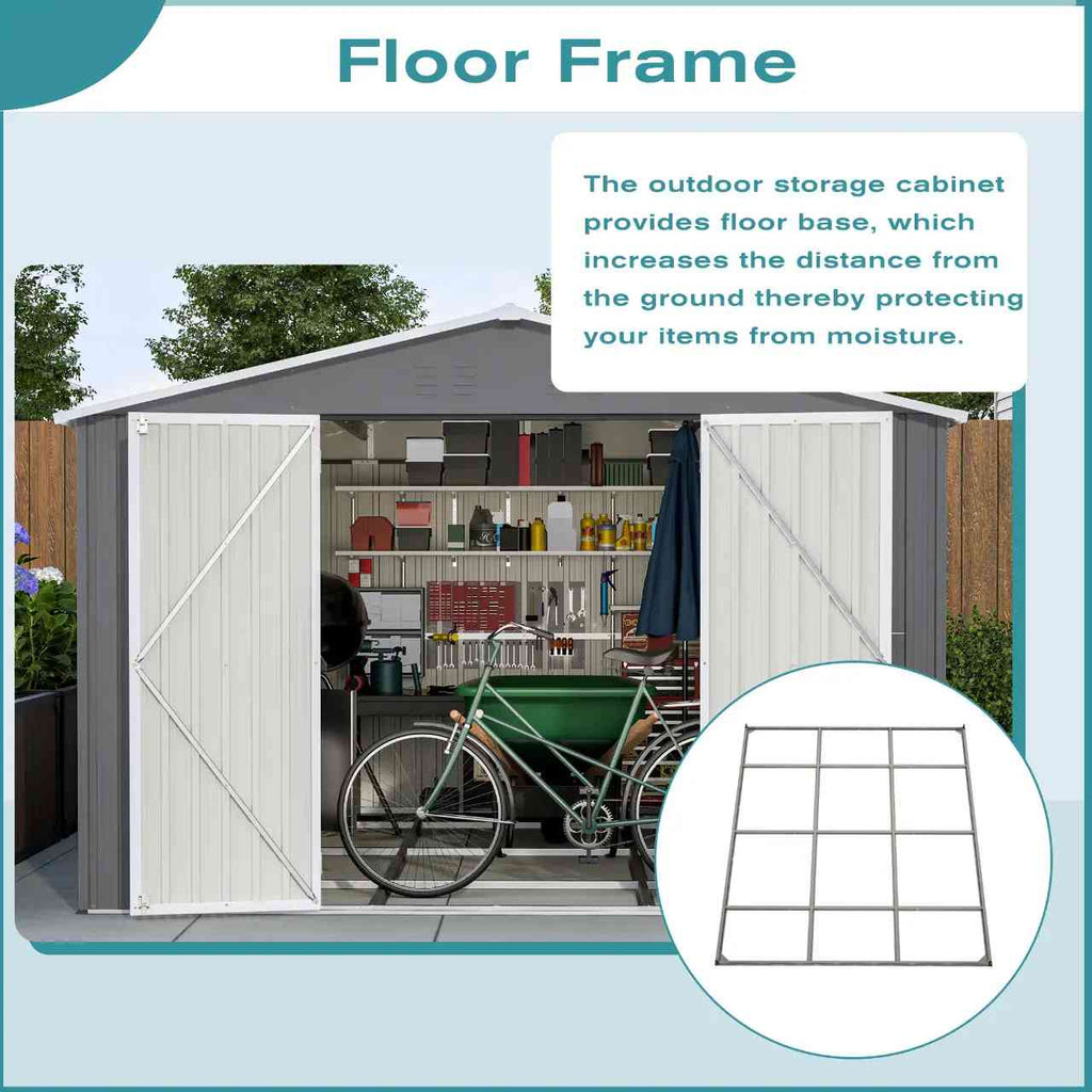 Outdoor garden shed with a bicycle inside, showing the Floor Frame with texts about moisture protection.