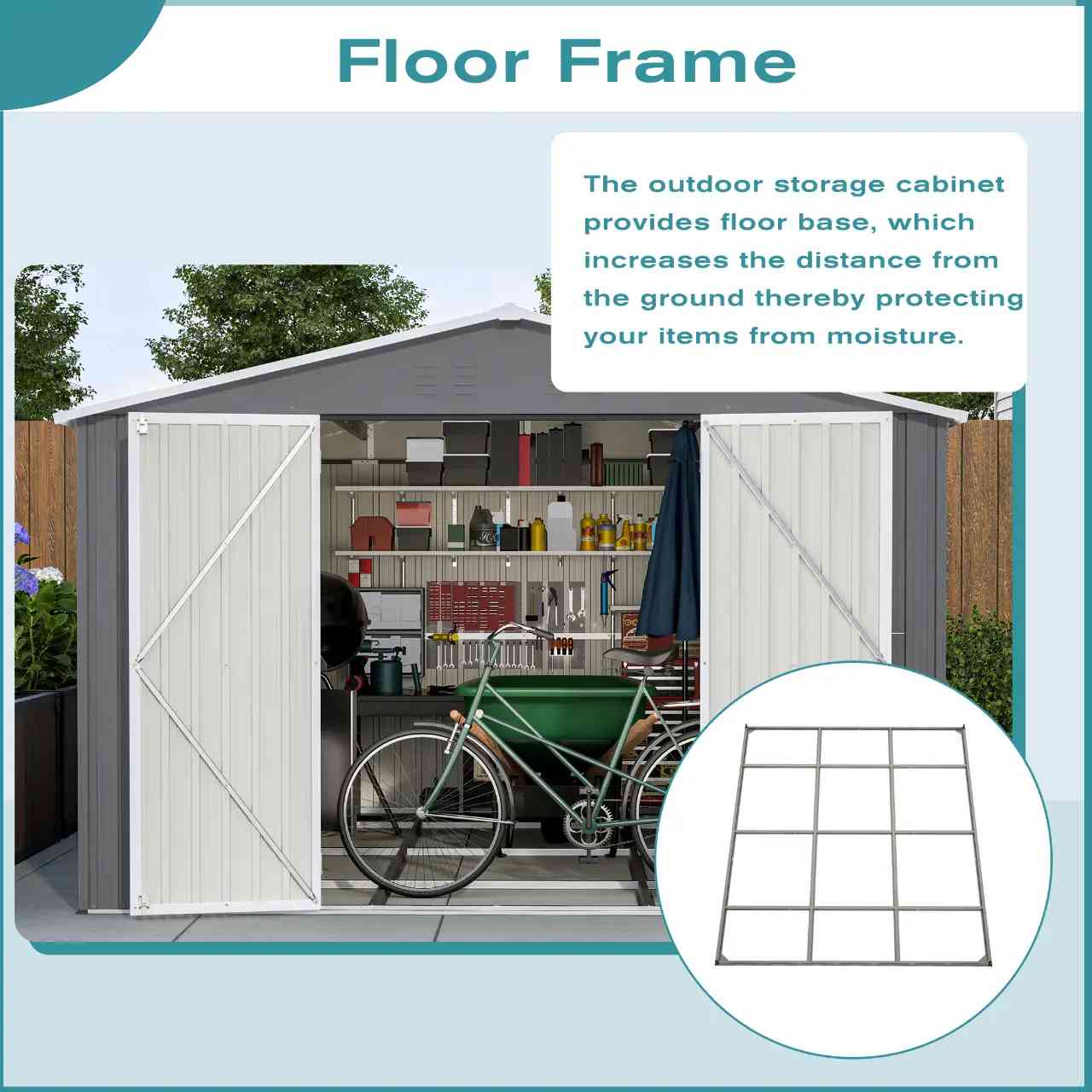 Outdoor garden shed with a bicycle inside, showing the Floor Frame with texts about moisture protection.