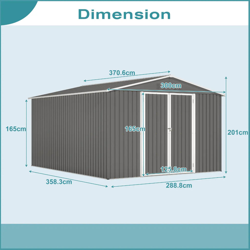 Measurement chart of the 10x12ft metal garden shed with dimensions labeled.