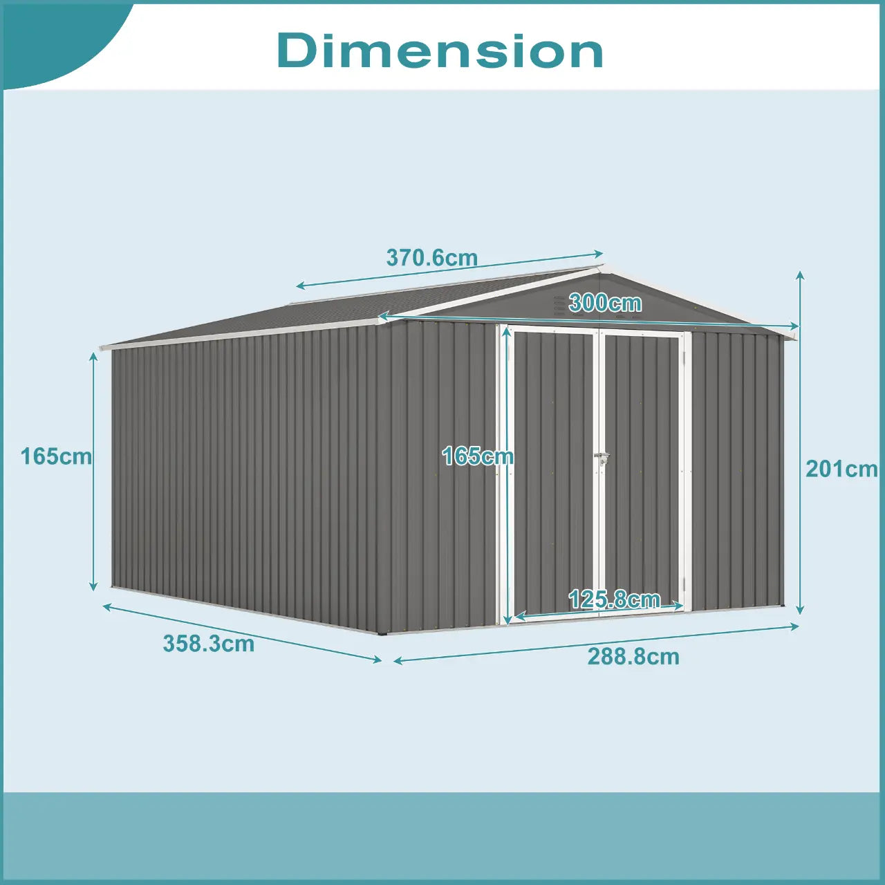Measurement chart of the 10x12ft metal garden shed with dimensions labeled.