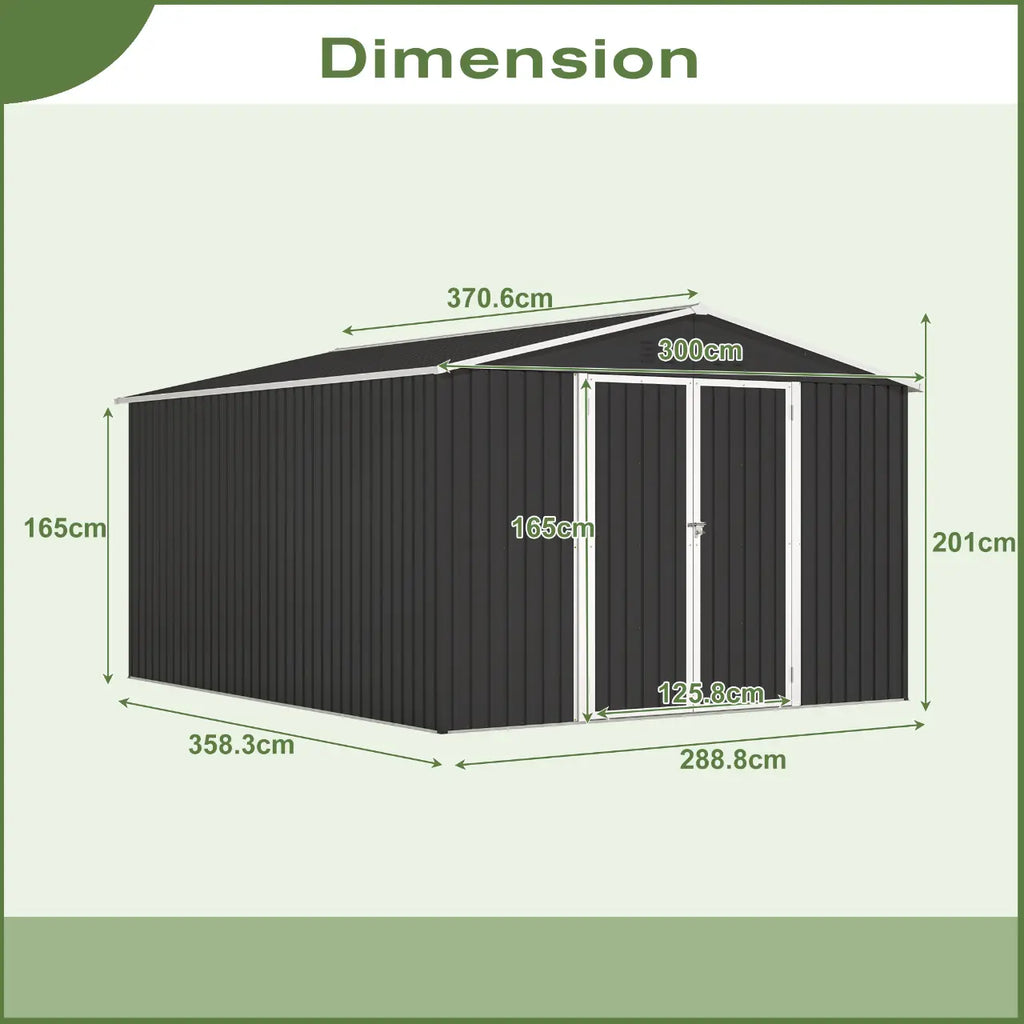 Dimensions of the metal garden shed on a light green background