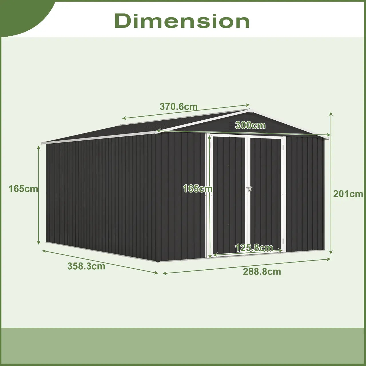 Dimensions of the metal garden shed on a light green background