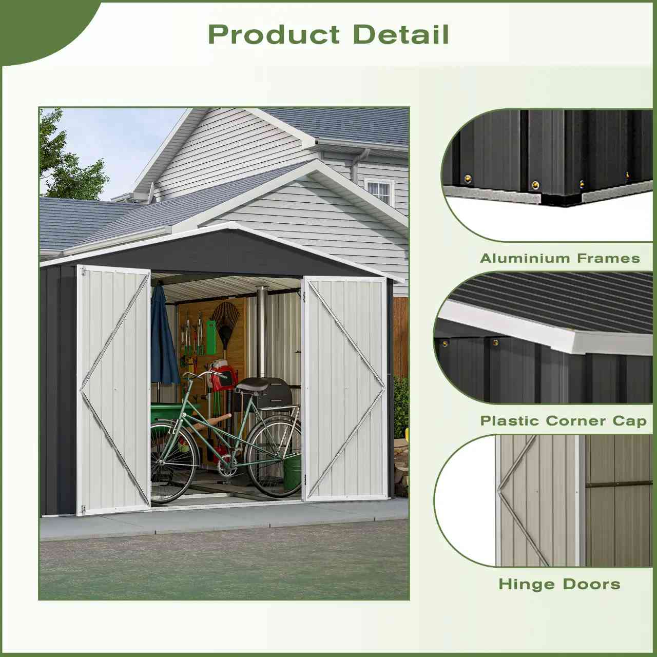 Garden shed with apex roof, with bicycle and garden tools, showing aluminium frames, plastic corner cap, and hinge doors.