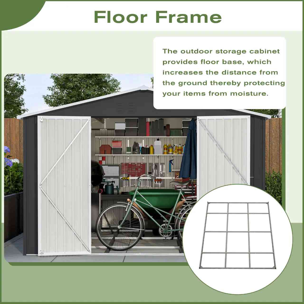 Anthracite garden shed with apex roof, showing the floor frame that is provided.