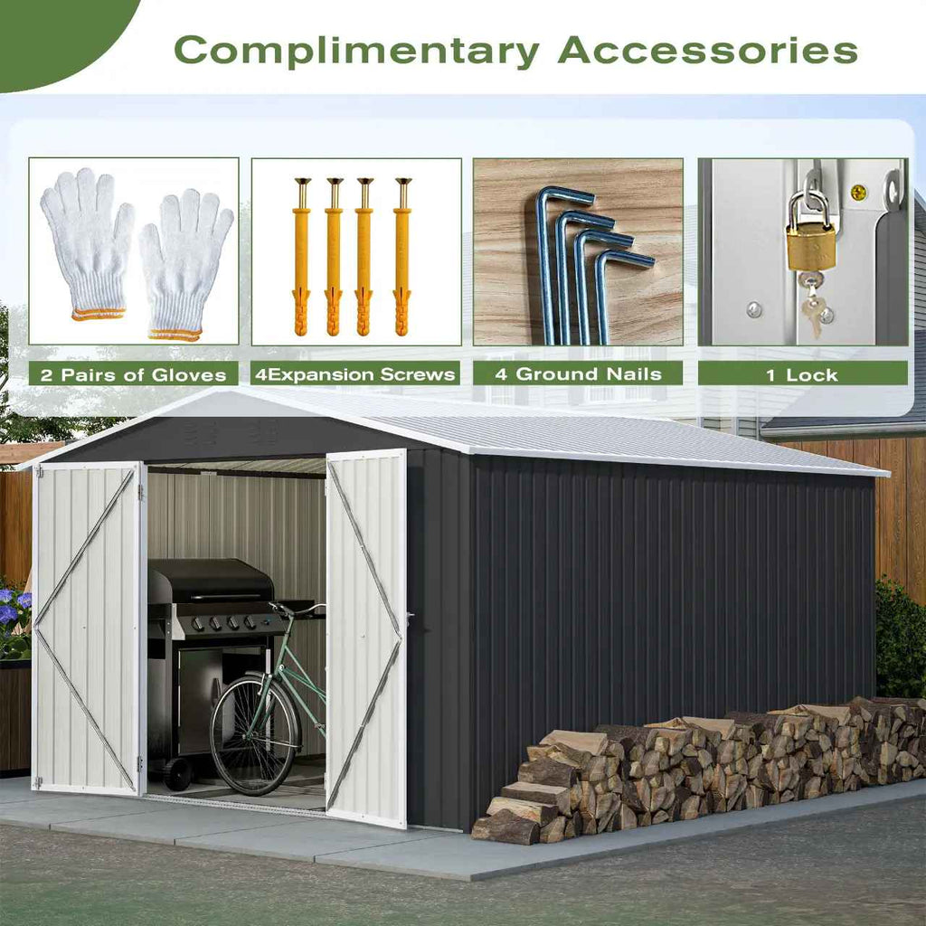 Anthracite garden shed with apex roof, showing the accessories included. 