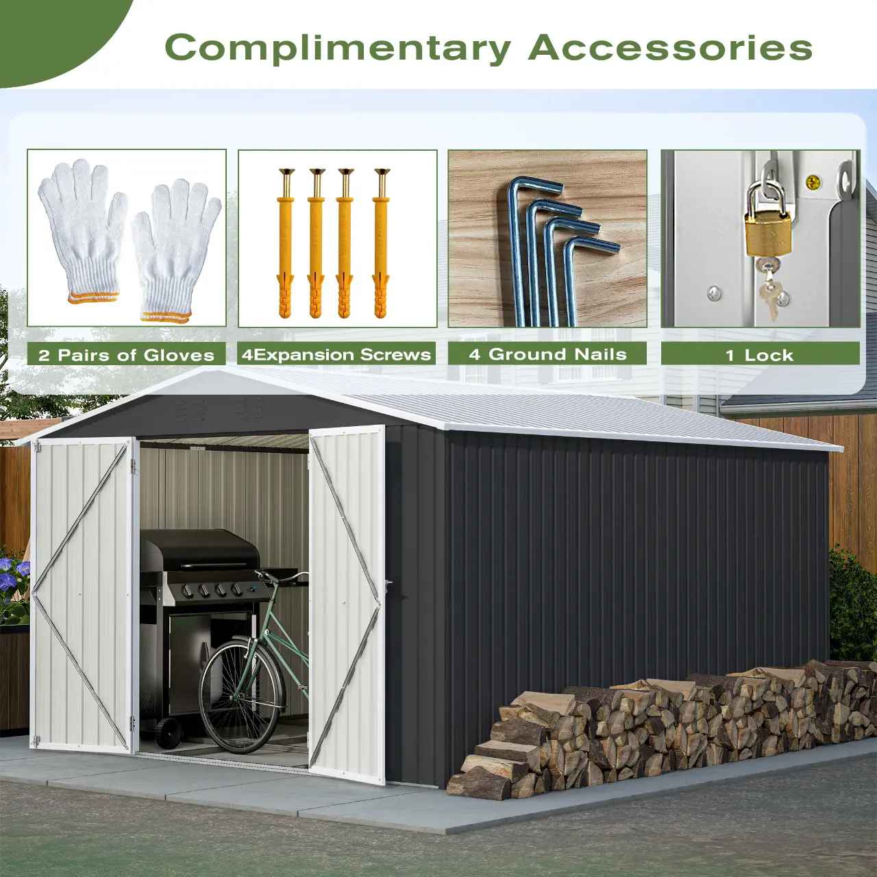 Anthracite garden shed with apex roof, showing the accessories included. 