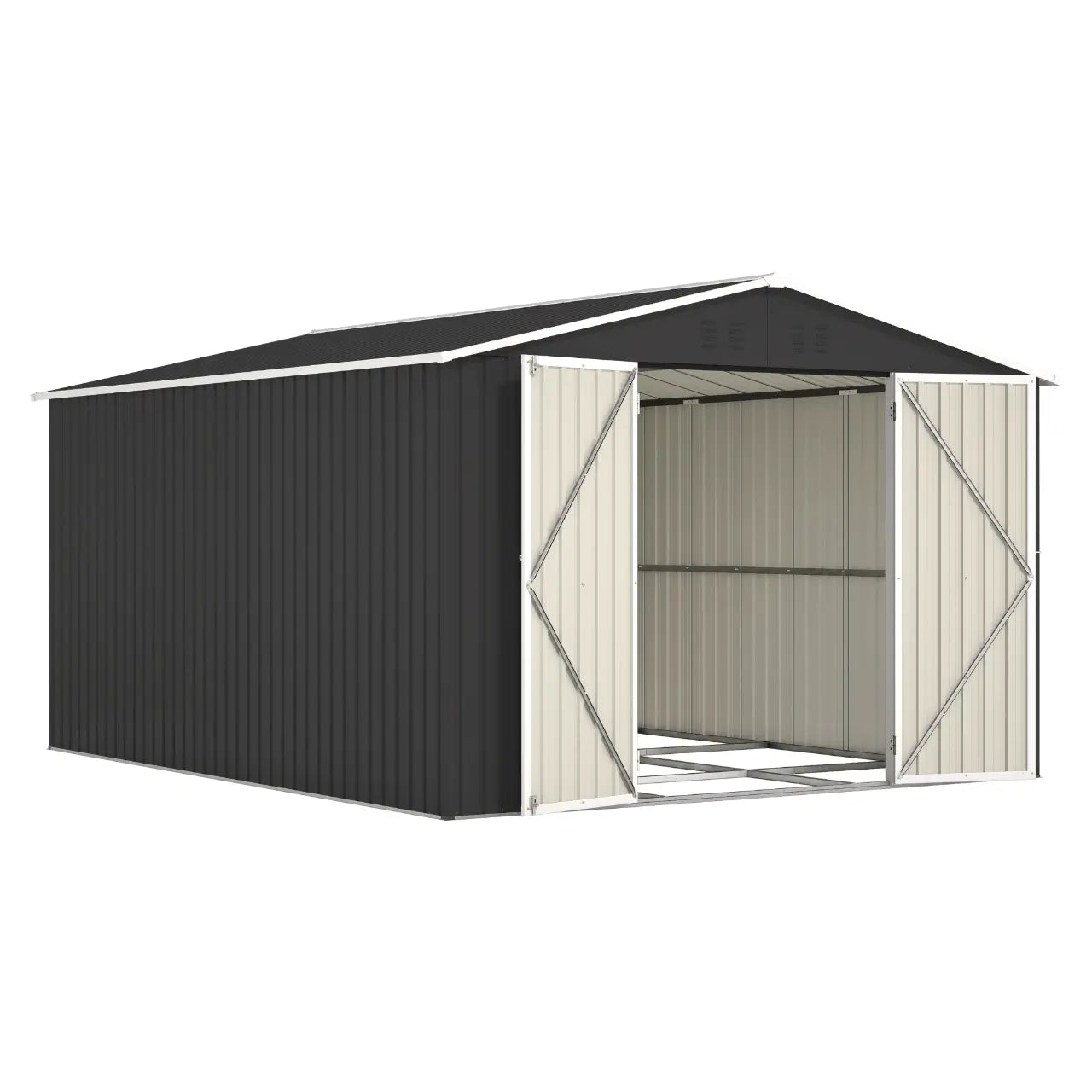 Anthracite metal garden shed with an apex roof and an open door on a white background