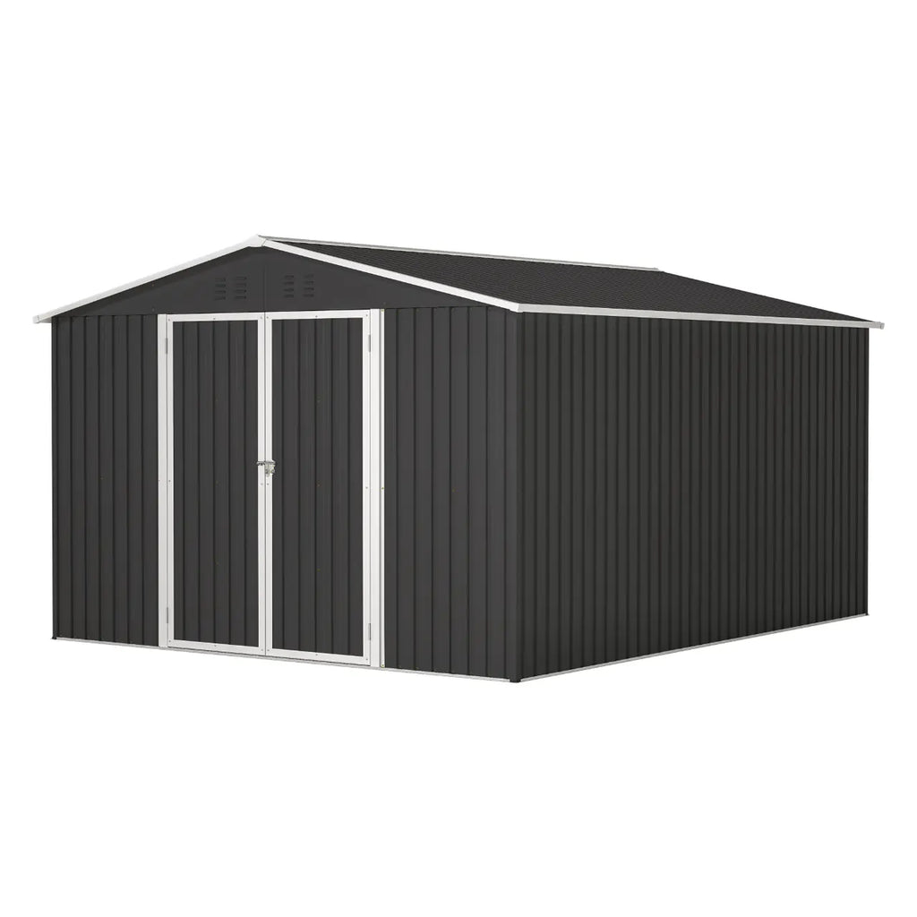 Anthracite metal garden shed with an apex roof on a white background