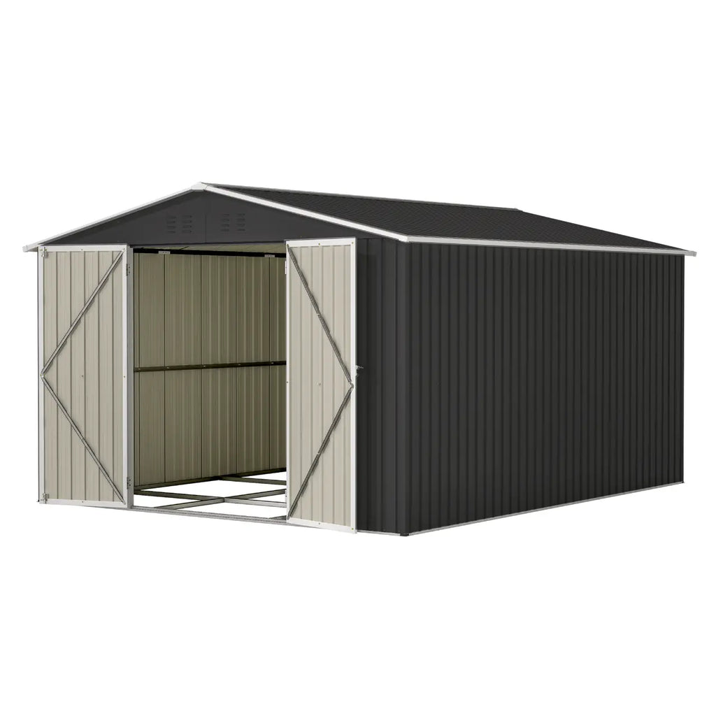 Anthracite metal garden shed with an apex roof with doors open on a white background.