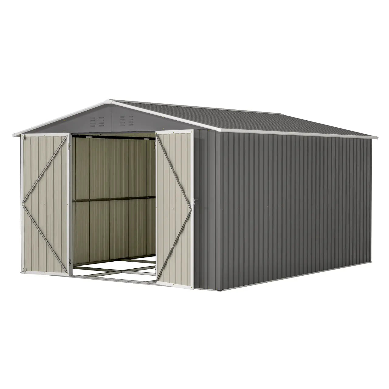 Metal garden shed with an apex roof and open doors on a white background