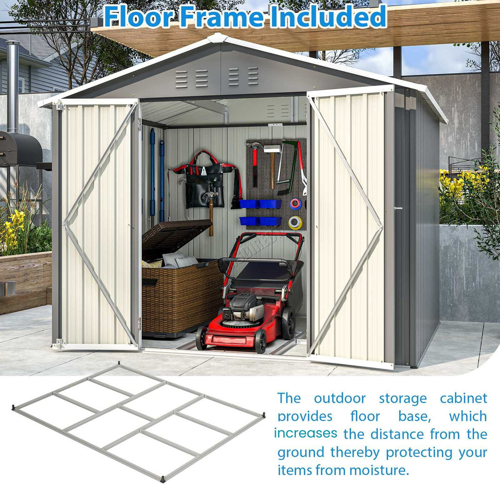 Garden shed with apex roof and open doors emphasising floor frame is included.