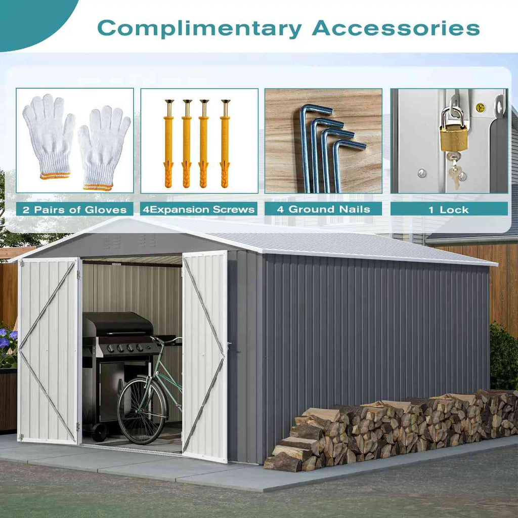 Metal garden shed showing the accessories included.