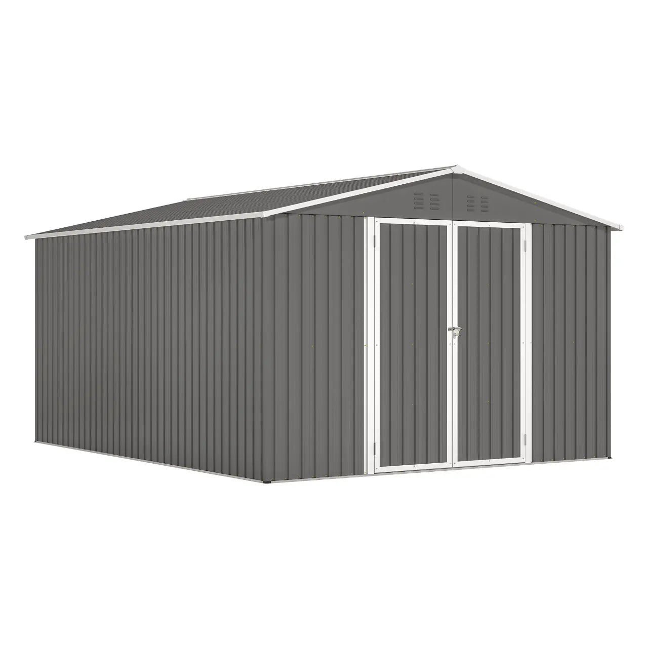 Grey metal garden shed with an apex roof on a white background