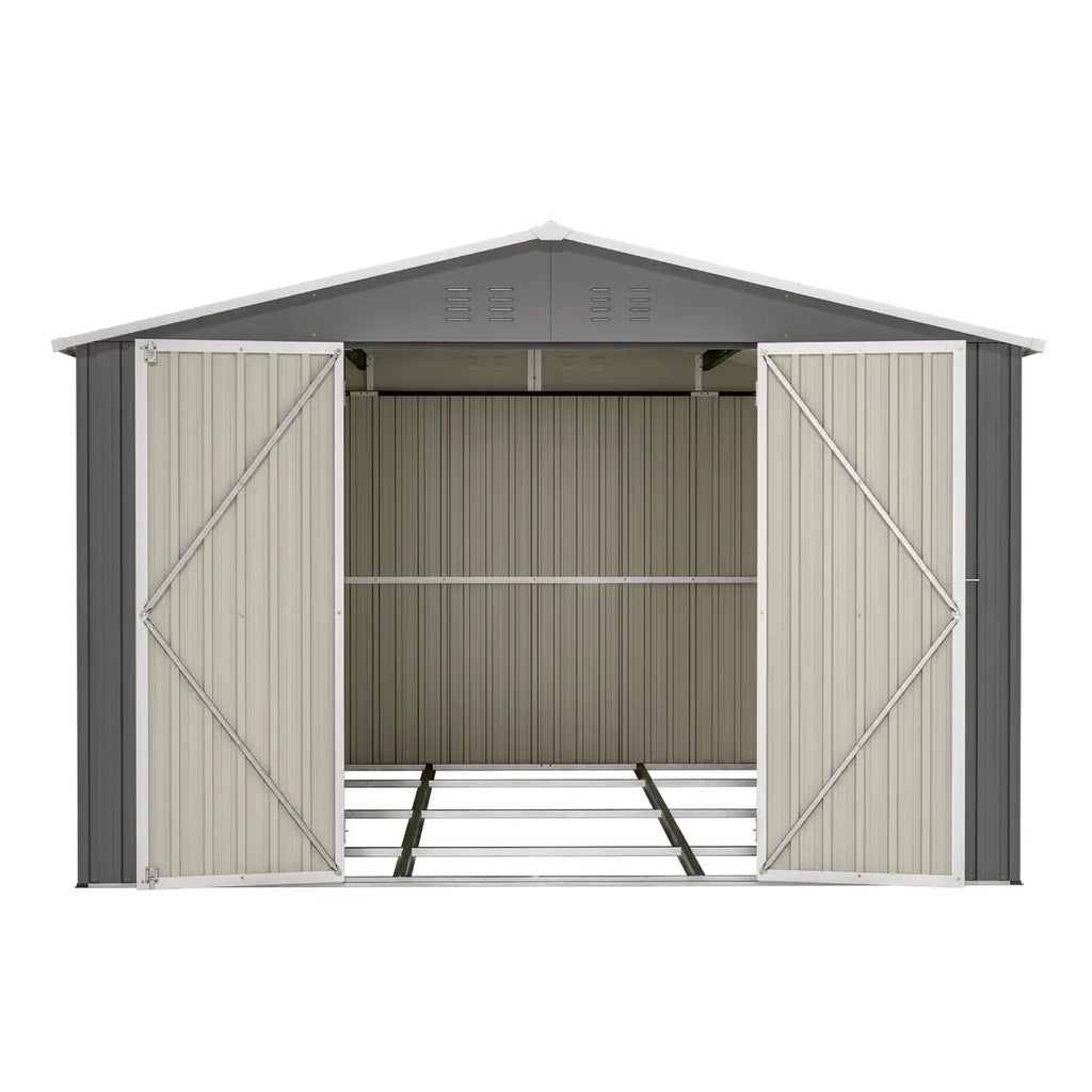 Grey metal garden shed with an apex roof and open doors on a white background.