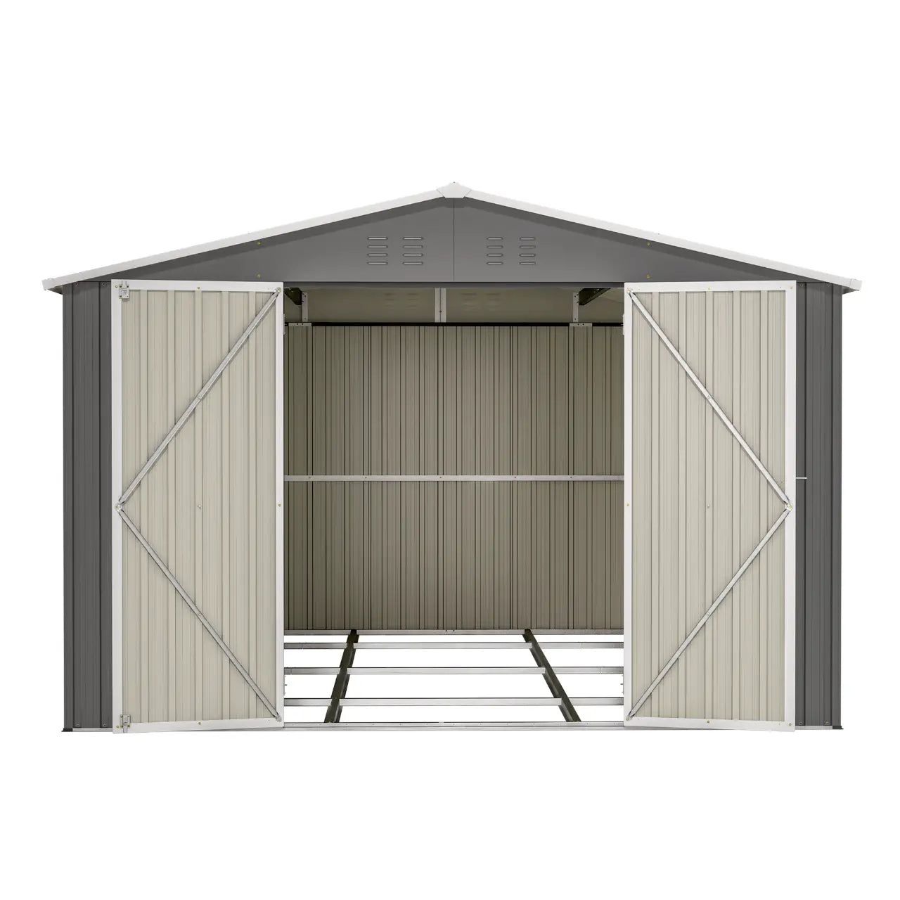Grey metal garden shed with an apex roof and open doors on a white background.