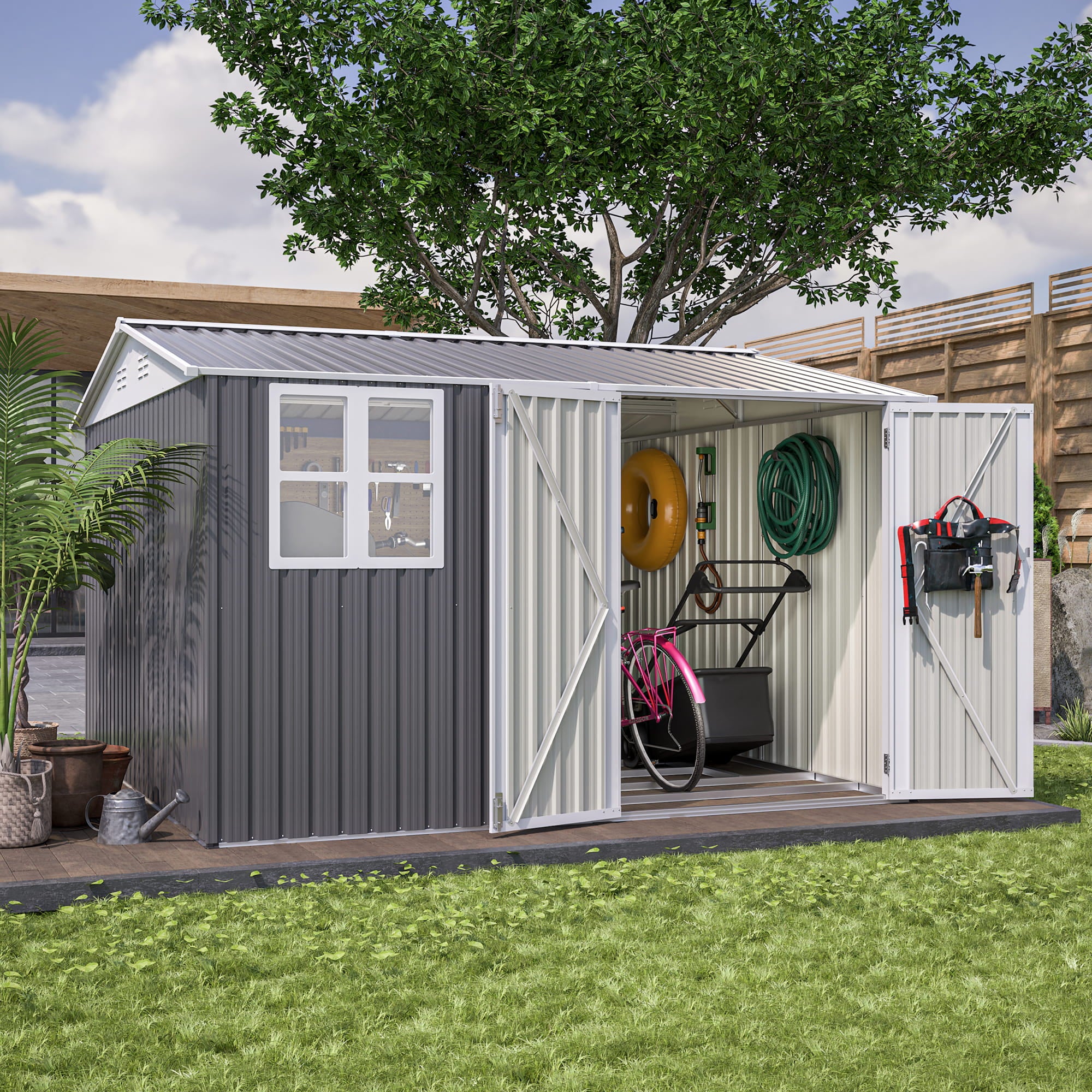 The grey apex garden shed with a window and open doors in a garden setting.