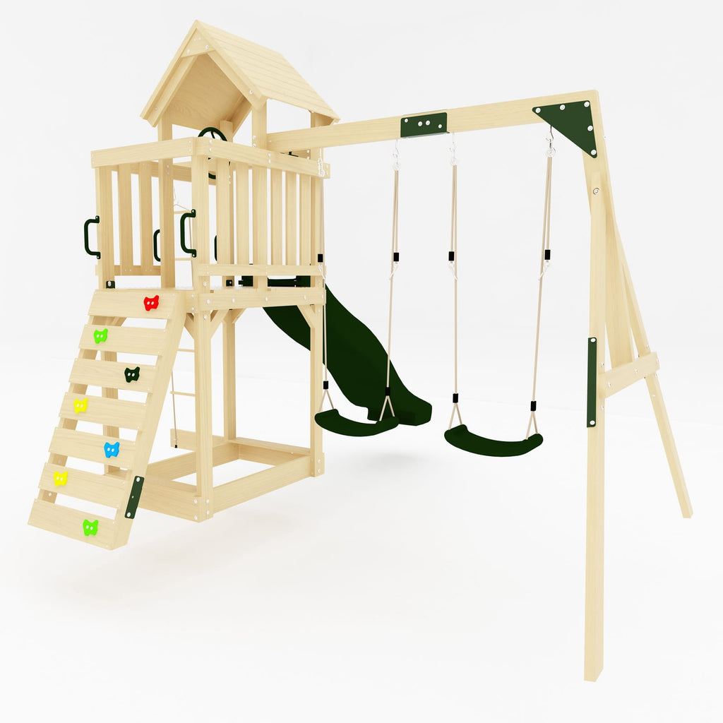 Side angle of the galactica wooden swing and slide set.