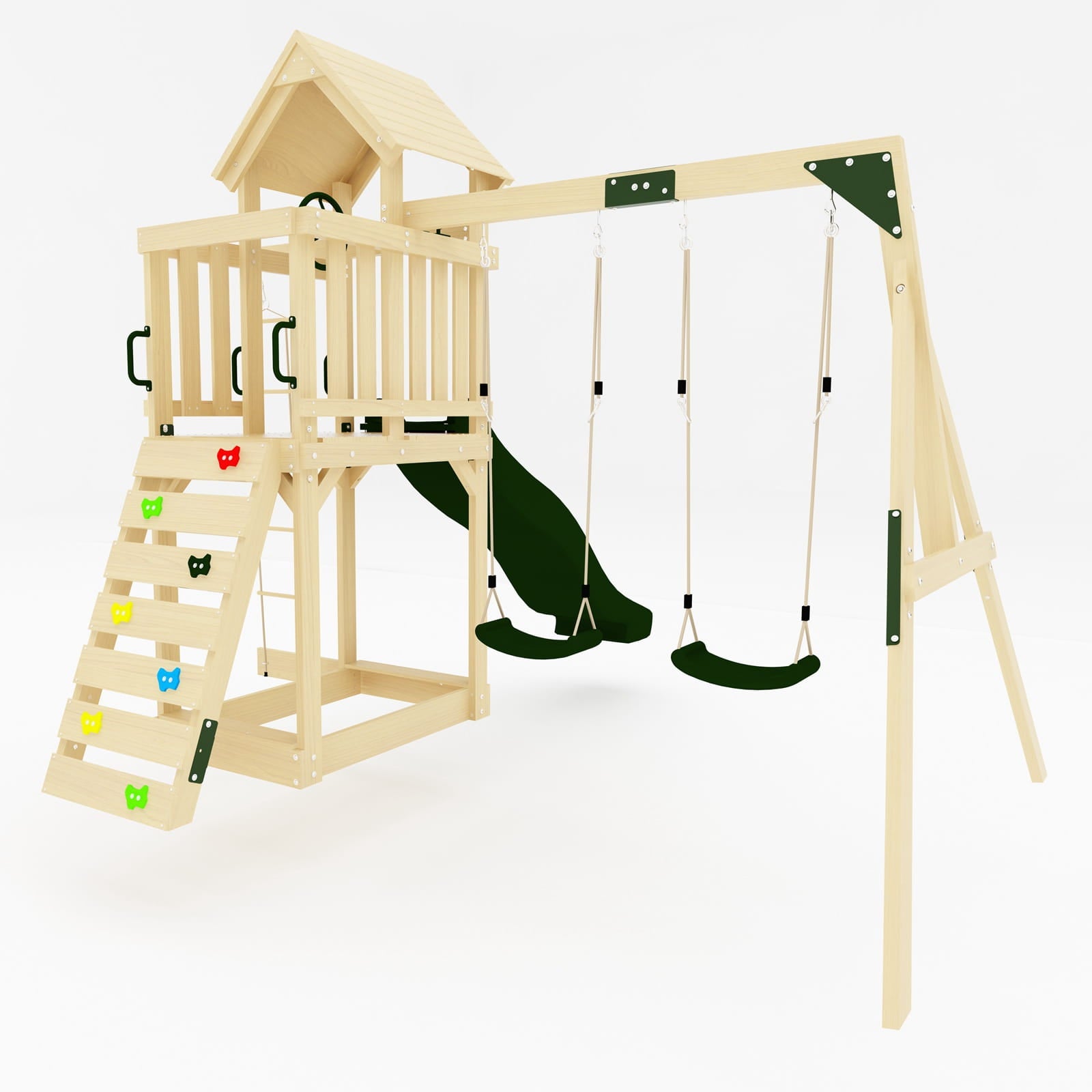 Side angle of the galactica wooden swing and slide set.