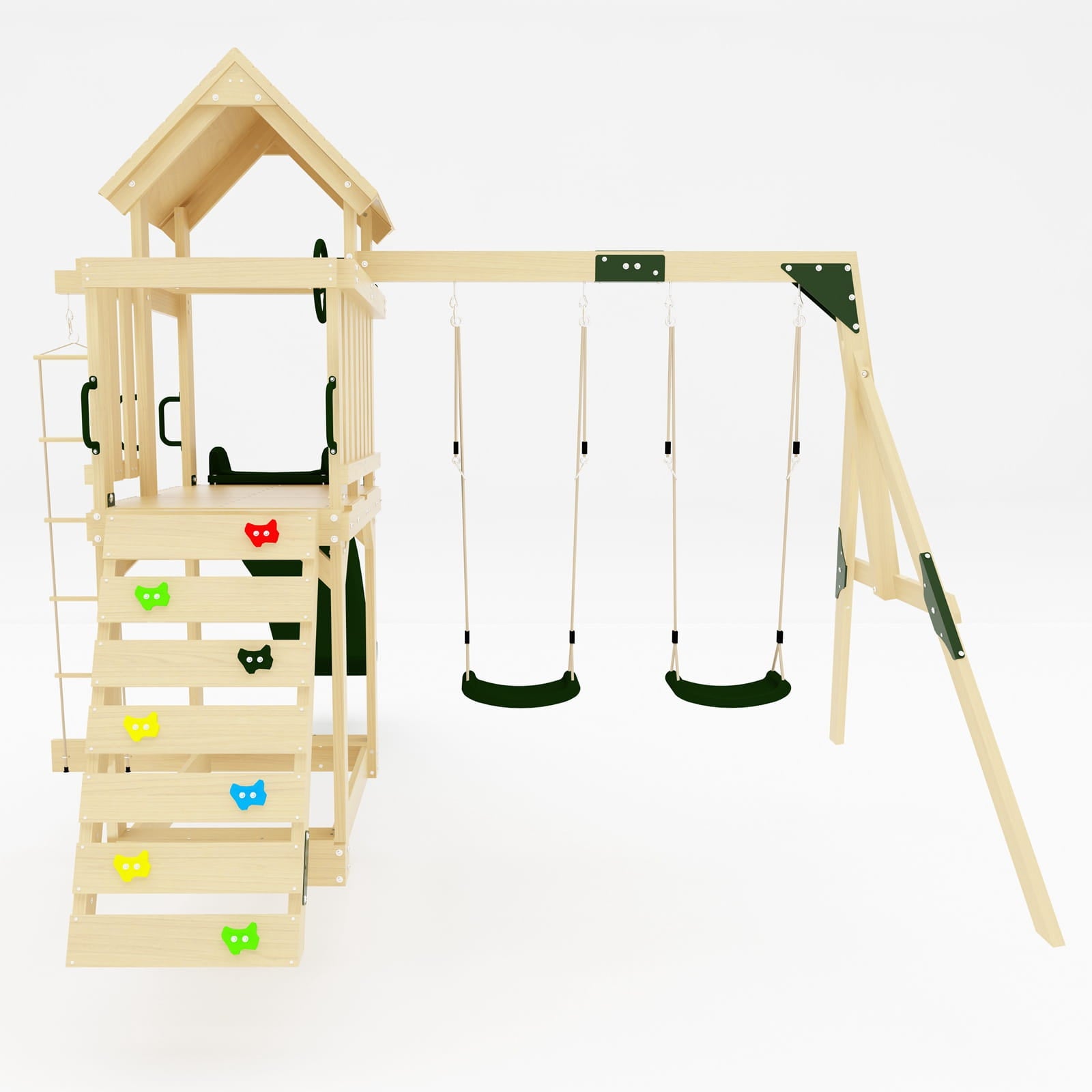 Galactica wooden swing and slide set on a white background.