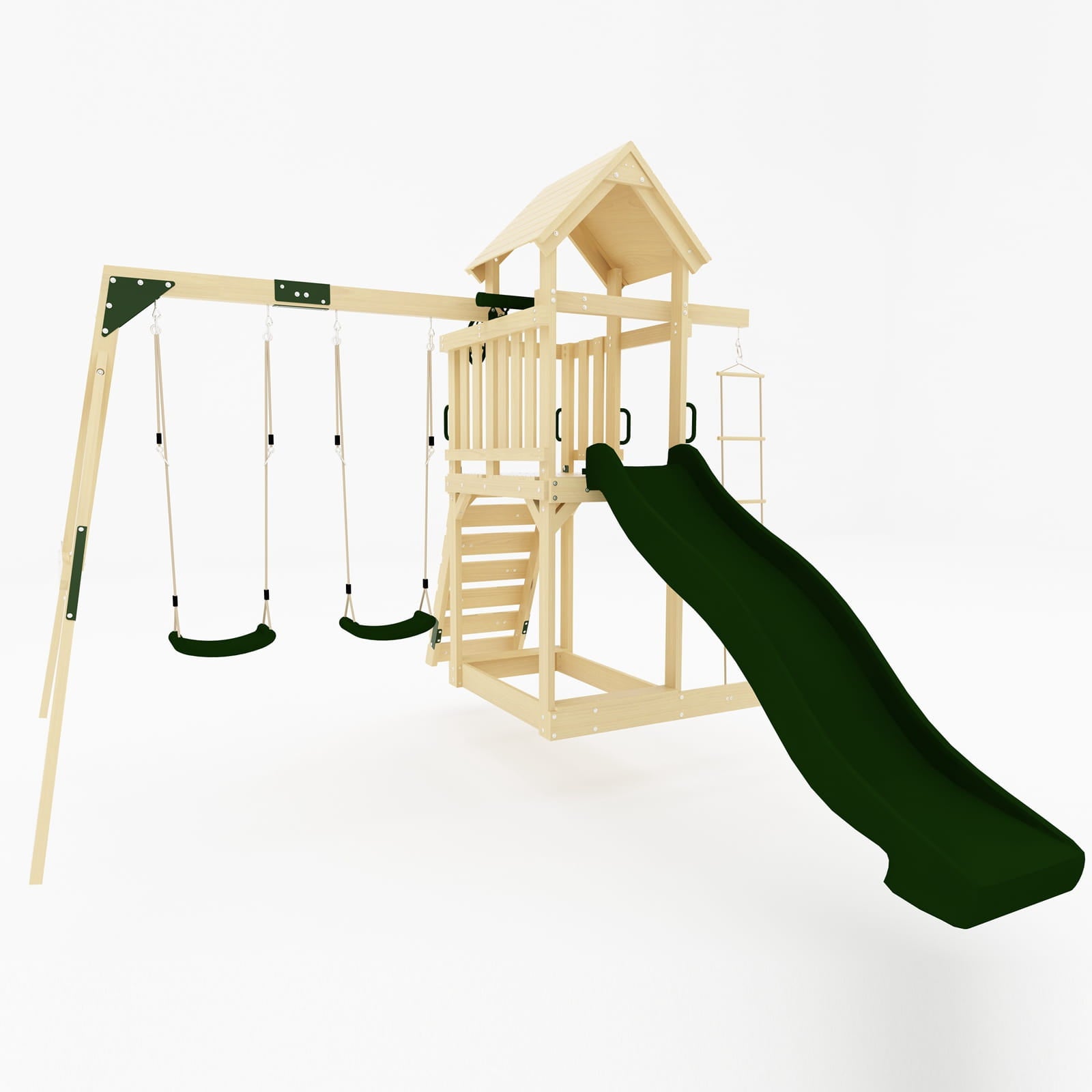 Side view of the wooden swing and slide set on a white background.
