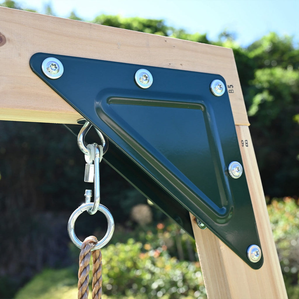 Close up of the component holding the swing from the galactica wooden swing and slide set.