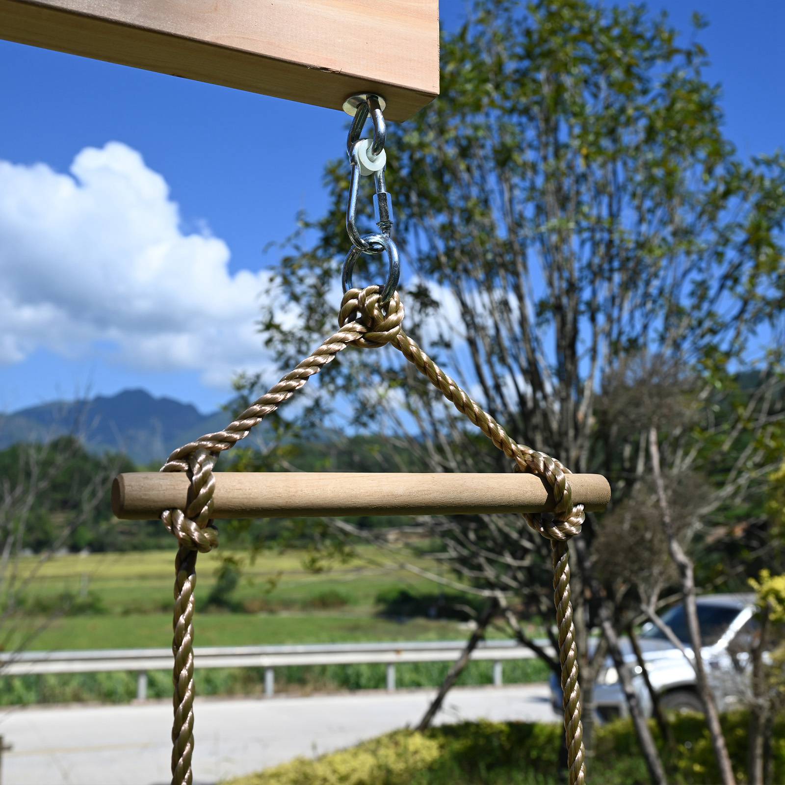 Close up of ladder from the galactica wooden swing and slide set.
